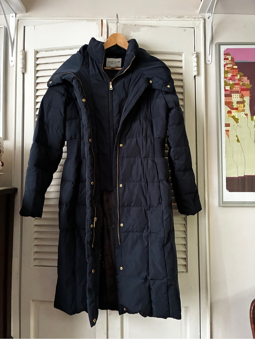 Cole Haan Navy Long Puffer Coat with Hood